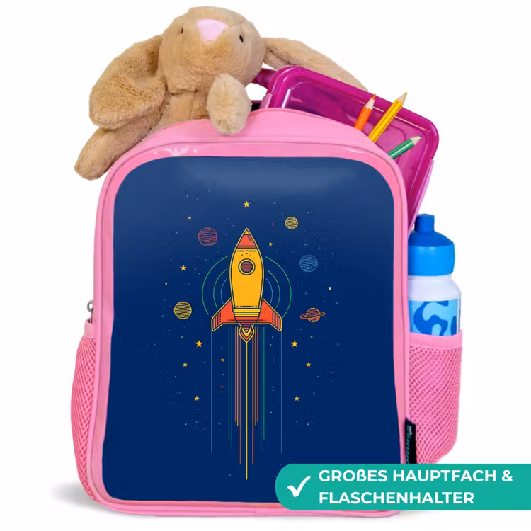 Raket - Blauw - Sterren Kinderrugzak - Roze middel -inhoud_DE