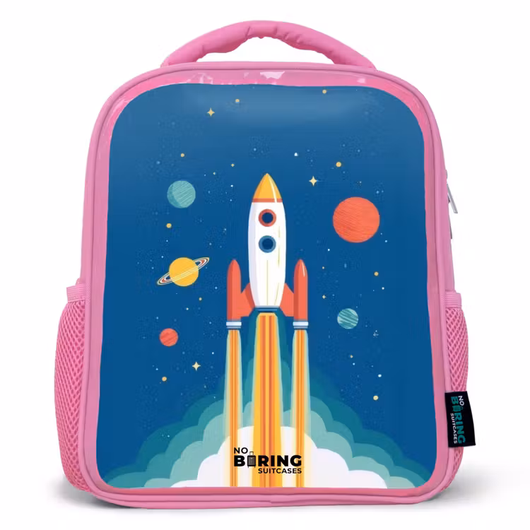 Raket - Planeet - Sterren - Veelkleurig Kinderrugzak - Roze middel -3d