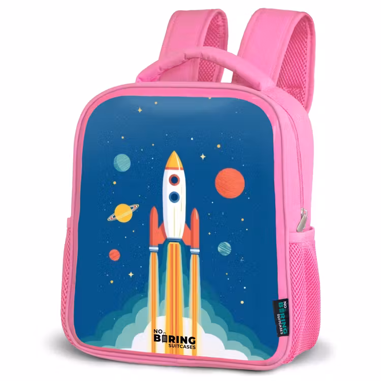 Raket - Planeet - Sterren - Veelkleurig Kinderrugzak - Roze middel -schuin