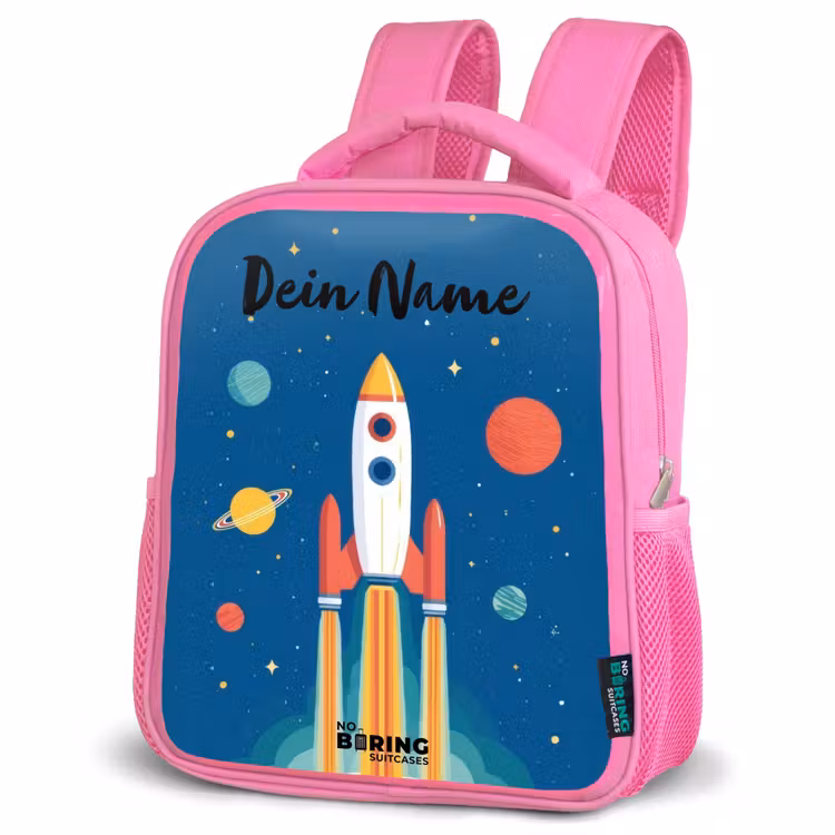 Raket - Planeet - Sterren - Veelkleurig Kinderrugzak - Roze middel -schuin