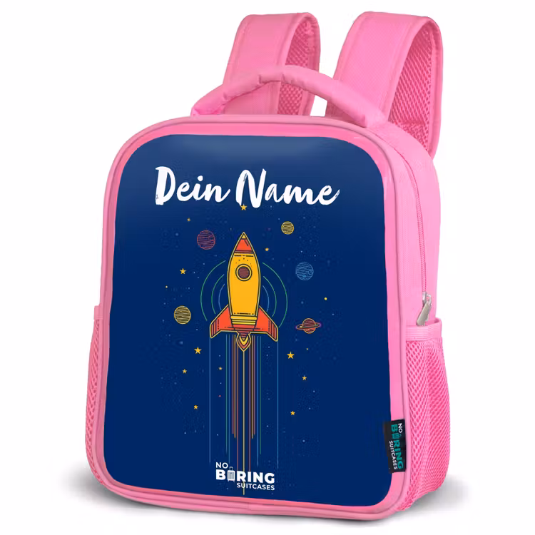 Raket - Planeten - Sterren Kinderrugzak - Roze middel -schuin