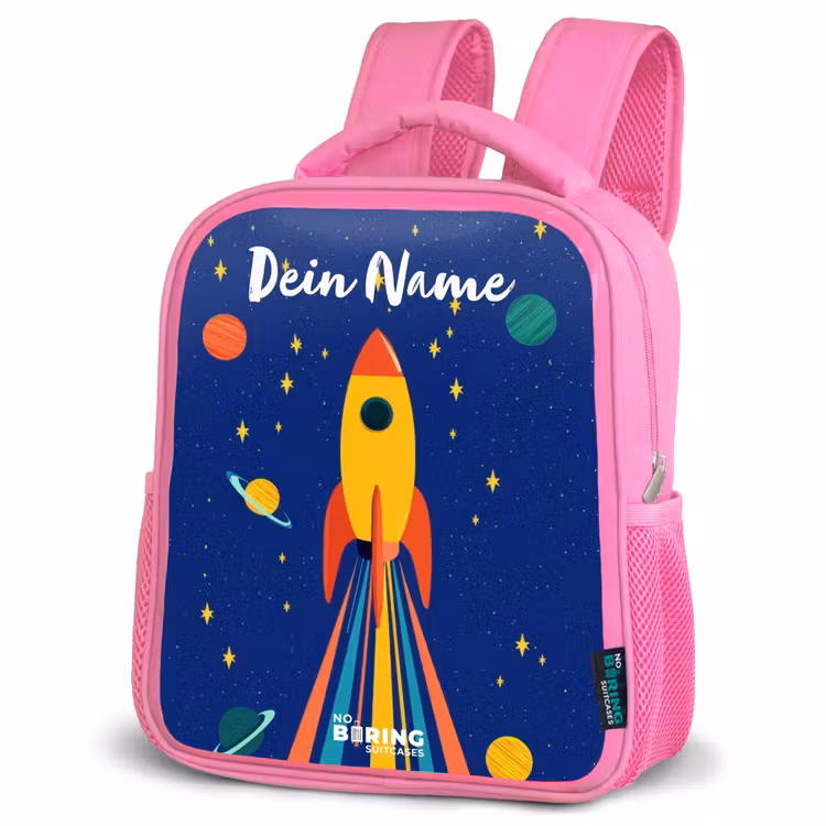 Raket - Sterren - Planeet - Ruimte Kinderrugzak - Roze middel -schuin