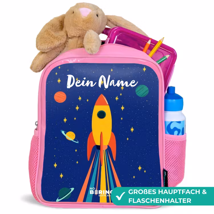 Raket - Sterren - Planeet - Ruimte Kinderrugzak - Roze middel -inhoud_DE