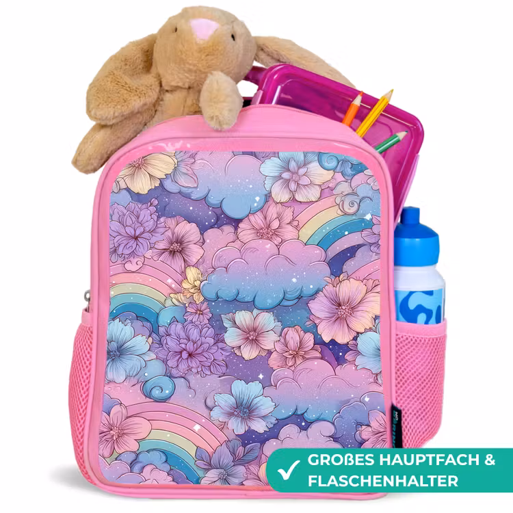 Regenbogen - Bloemen - Kleurrijk - Wolken Kinderrugzak - Roze middel -inhoud_DE