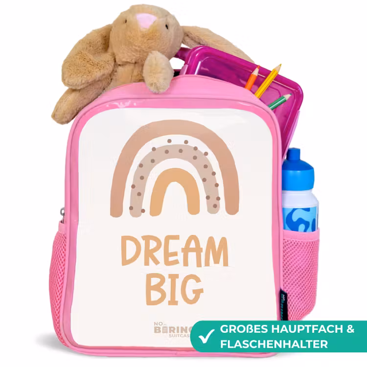 Regenboog met de quote 'Dream Big' Kinderrugzak - Roze middel -inhoud_DE