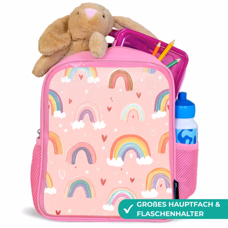 Regenboog - Patroon - Pastel - Handgetekend Kinderrugzak - Roze middel -inhoud_DE