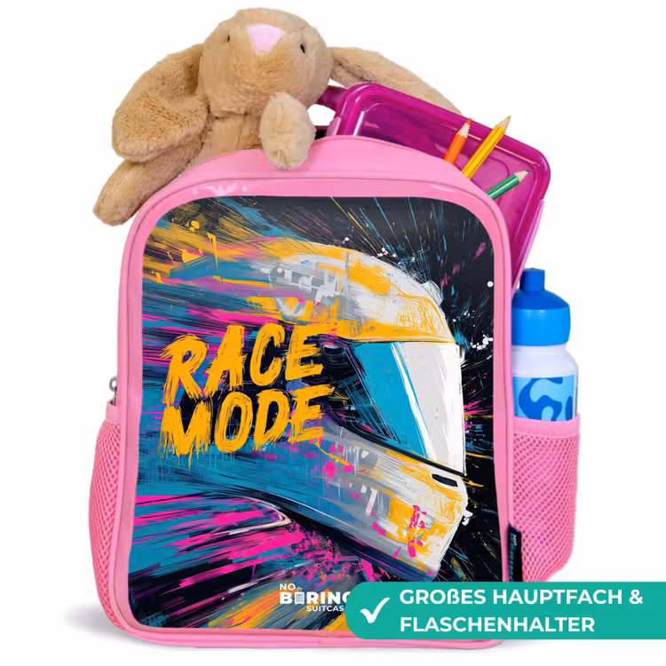 Racehelm - Verfspatten - Penseelstreken - Race mode Kinderrugzak - Roze middel -inhoud_DE