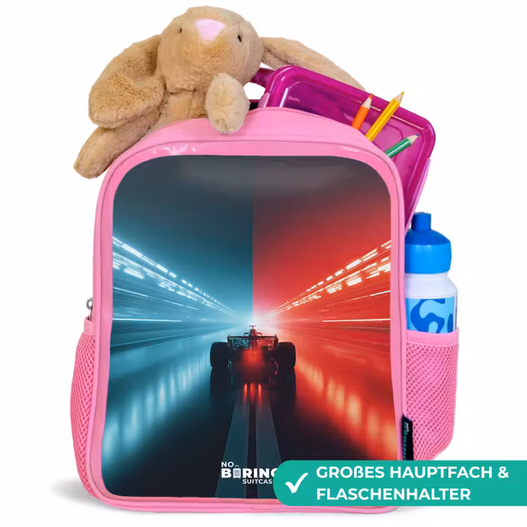 Baan - Raceauto - Neon - Rood Kinderrugzak - Roze middel -inhoud_DE