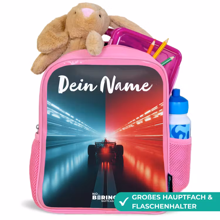 Raceauto - Verlichting - Neon - Rood Kinderrugzak - Roze middel -inhoud_DE