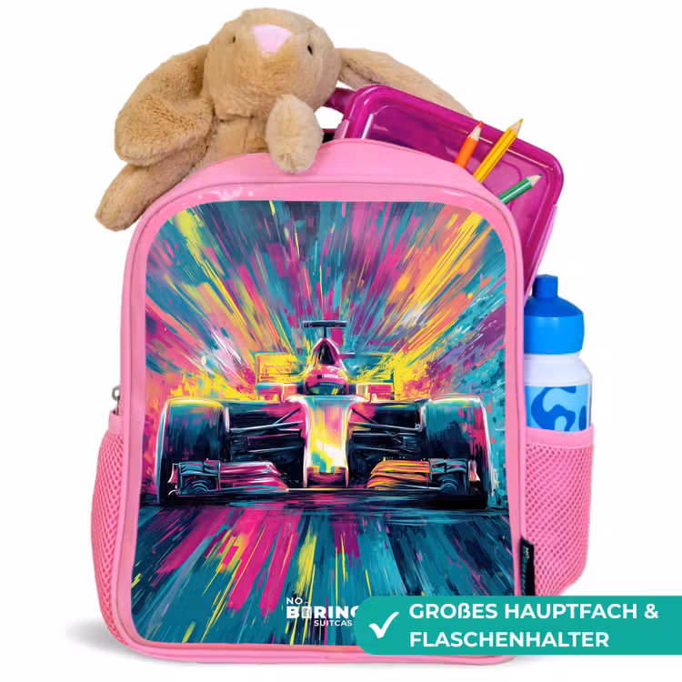 Raceauto - Explosie - Kleurrijk - Abstract Kinderrugzak - Roze middel -inhoud_DE