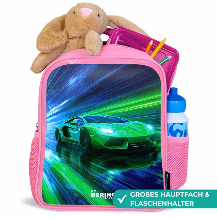Raceauto - Felgroen - Lichtstralen - Snelheid Kinderrugzak - Roze middel -inhoud_DE