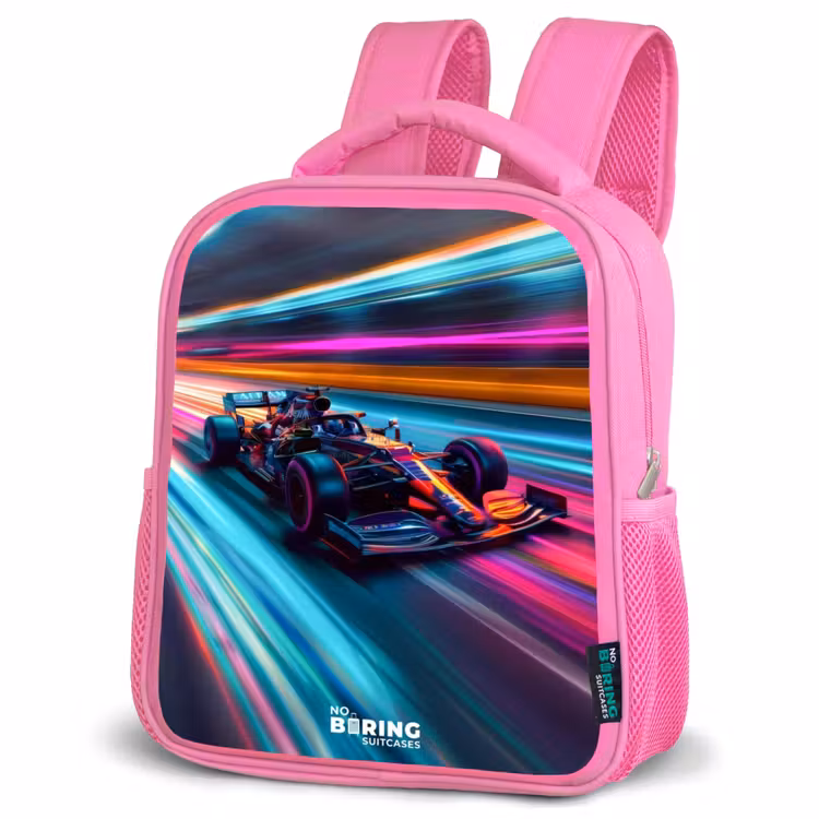 Raceauto met kleurrijke lichtsporen Kinderrugzak - Roze middel -schuin