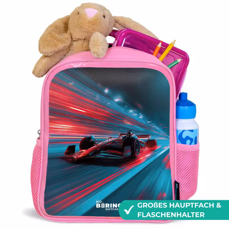 Raceauto - Baan - Neon - Verlichting Kinderrugzak - Roze middel -inhoud_DE
