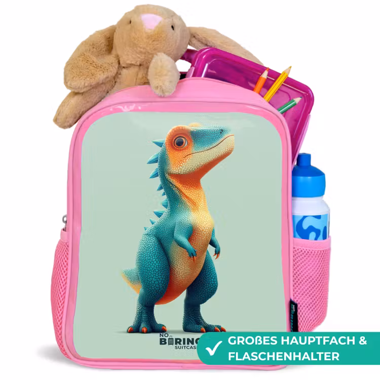 Stoere dino met grote ogen Kinderrugzak - Roze middel -inhoud_DE