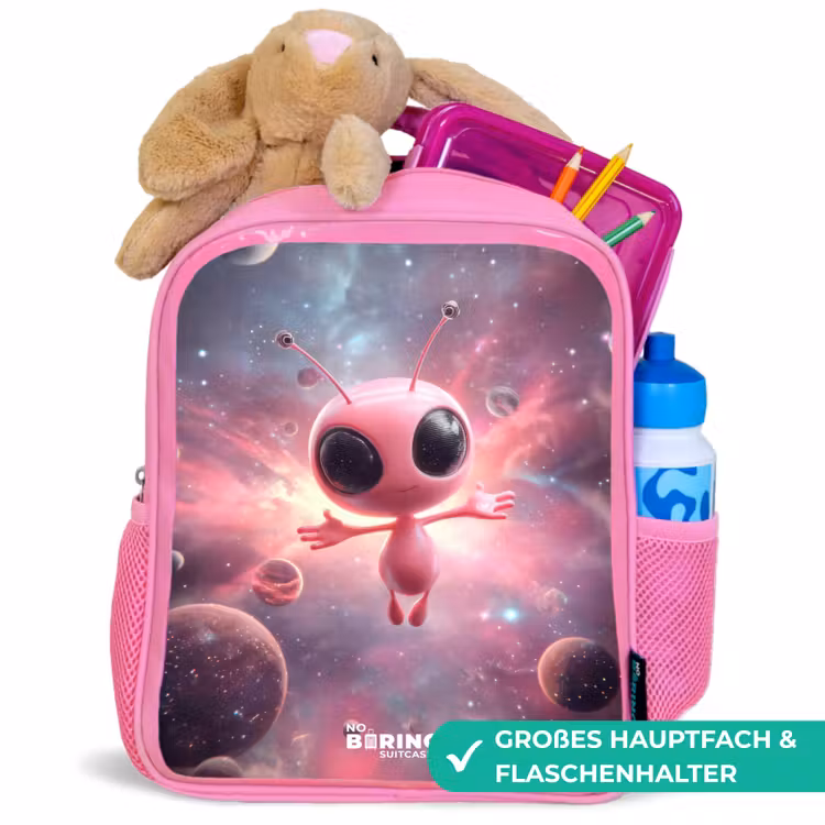 Roze Alien in Sterrennevel Kinderrugzak - Roze middel -inhoud_DE