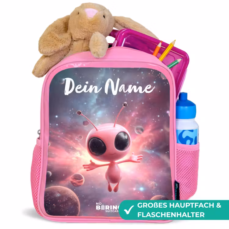 Roze Alien in Sterrennevel Kinderrugzak - Roze middel -inhoud_DE