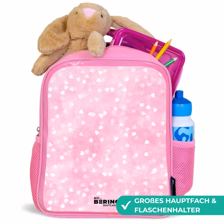 Roze glitter hartjes Kinderrugzak - Roze middel -inhoud_DE