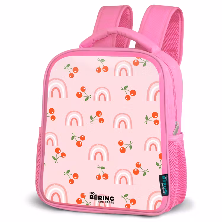 Roze met regenboog en kersen patroon Kinderrugzak - Roze middel -schuin