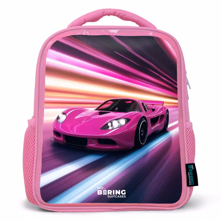 Roze raceauto flitst door neonlicht Kinderrugzak - Roze middel -3d