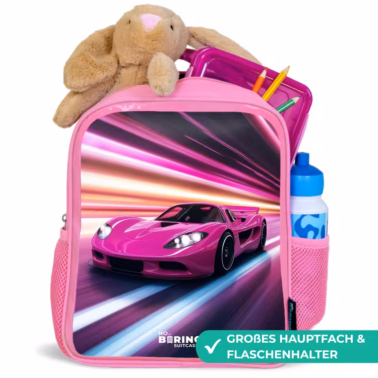 Roze raceauto flitst door neonlicht Kinderrugzak - Roze middel -inhoud_DE