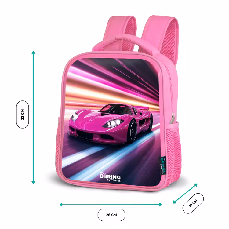 Roze raceauto flitst door neonlicht Kinderrugzak - Roze middel -productfoto_formaten