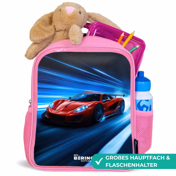 Rode racewagen in digitale snelheidswereld Kinderrugzak - Roze middel -inhoud_DE