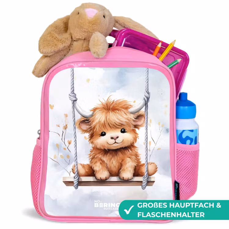 Schommelend Schotse hooglander kalf van waterverf Kinderrugzak - Roze middel -inhoud_DE