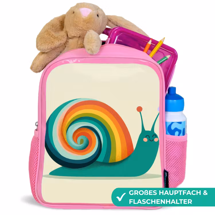 Slak - Regenboogschild - Groen Kinderrugzak - Roze middel -inhoud_DE