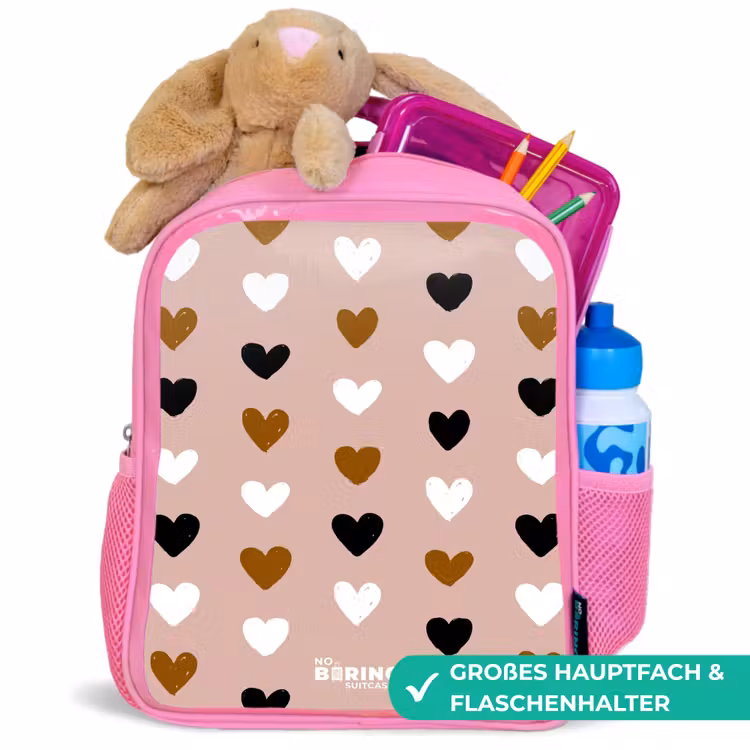 Zwart, wit en bruin hartjespatroon op oudroze achtergrond Kinderrugzak - Roze middel -inhoud_DE