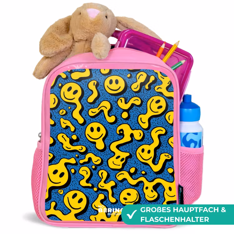 Smiley - Blauw - Geel Kinderrugzak - Roze middel -inhoud_DE