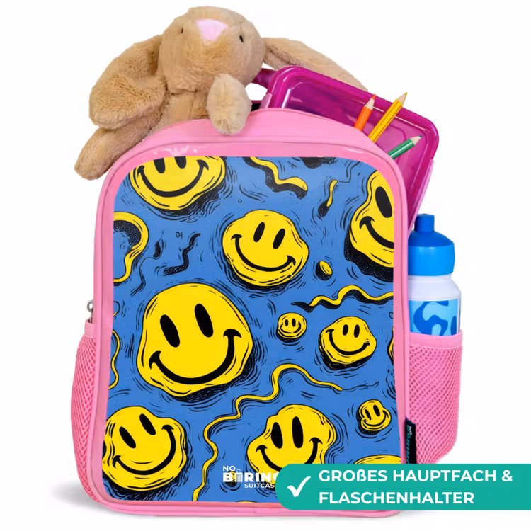 Smiley - Blauw - Geel Kinderrugzak - Roze middel -inhoud_DE