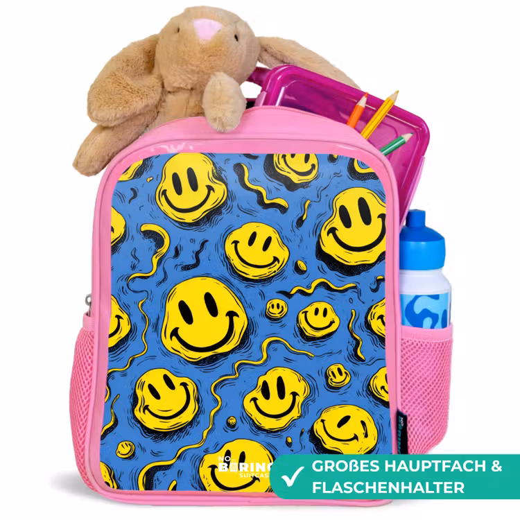 Smiley - Geel - Blauw Kinderrugzak - Roze middel -inhoud_DE
