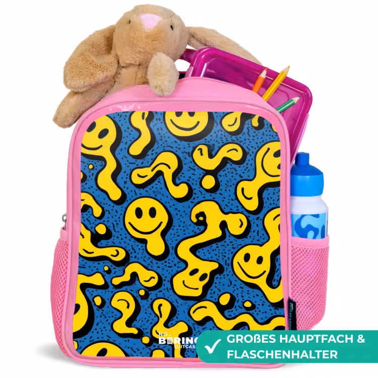 Smiley - Geel - Blauw Kinderrugzak - Roze middel -inhoud_DE