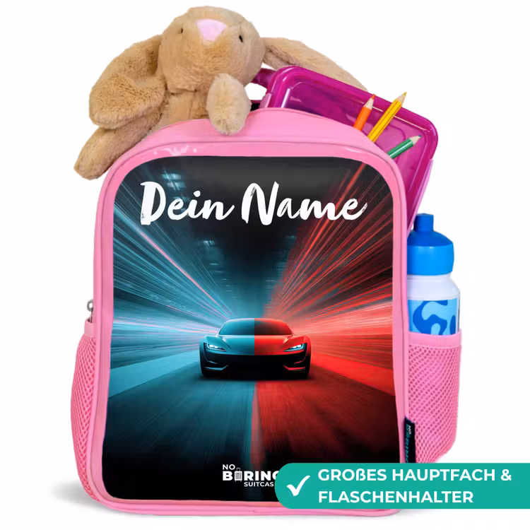 Sportauto - Blauw - Neon - Stad Kinderrugzak - Roze middel -inhoud_DE