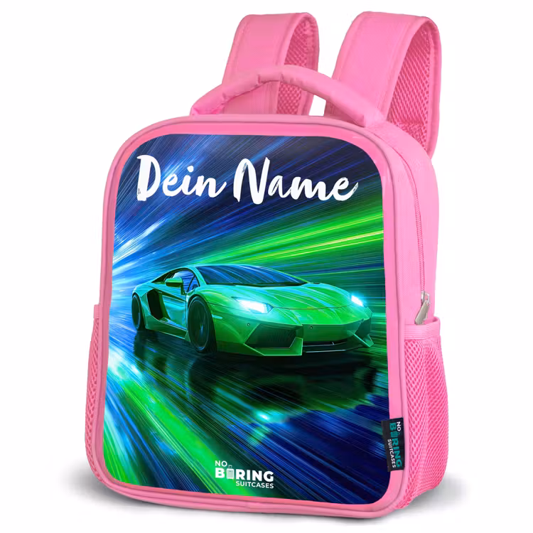 Sportauto - Groen - Snelheidslijnen - Neon Kinderrugzak - Roze middel -schuin