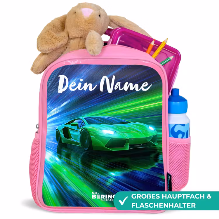 Sportauto - Groen - Snelheidslijnen - Neon Kinderrugzak - Roze middel -inhoud_DE