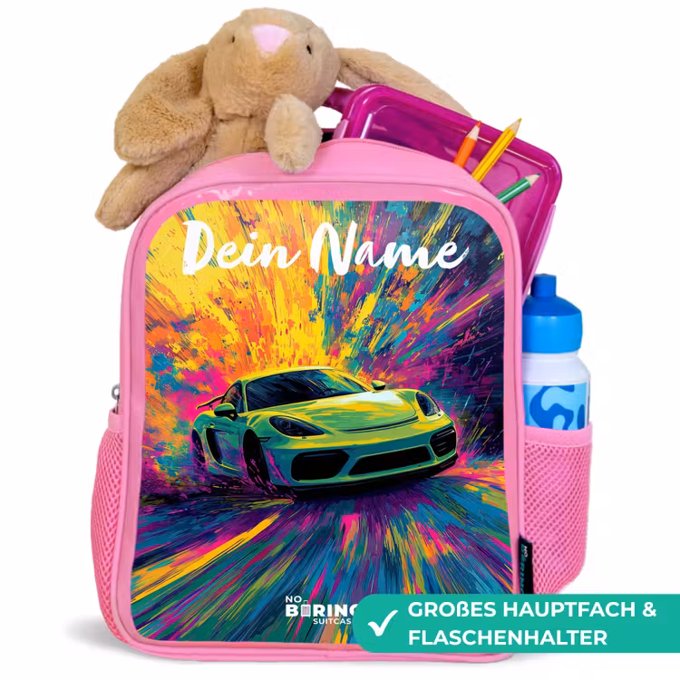Sportauto - Groen - Verfstrepen - Kleuren Kinderrugzak - Roze middel -inhoud_DE