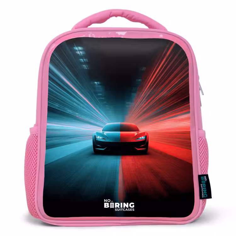Sportwagen - Lichtstralen - Neon - Blauw Kinderrugzak - Roze middel -3d