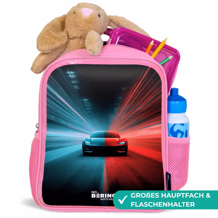 Sportwagen - Lichtstralen - Neon - Blauw Kinderrugzak - Roze middel -inhoud_DE
