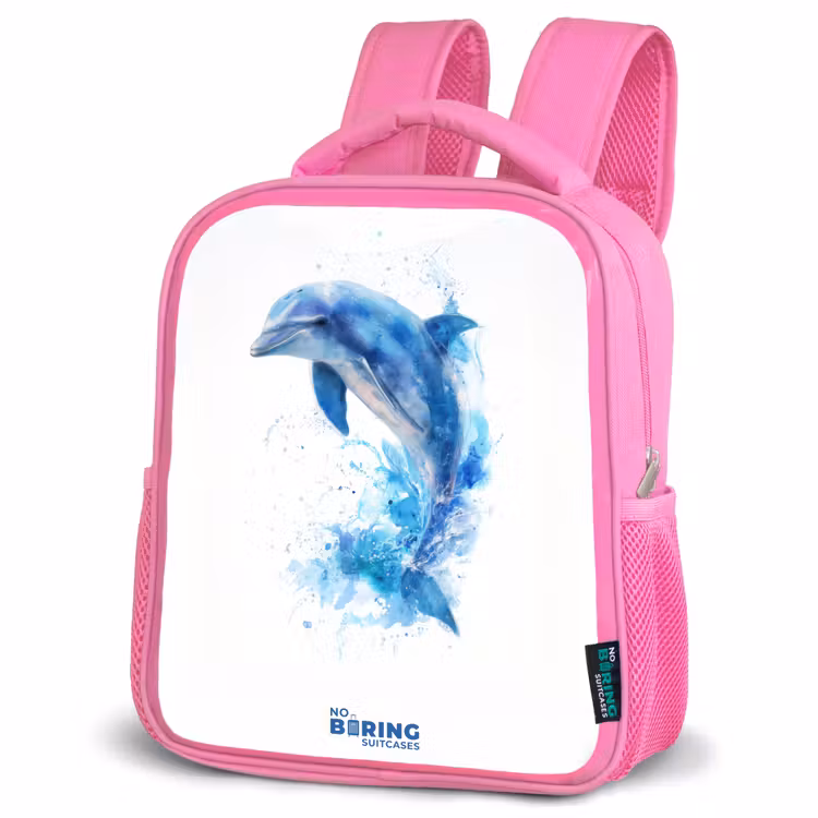 Springende blauwe dolfijn Kinderrugzak - Roze middel -schuin