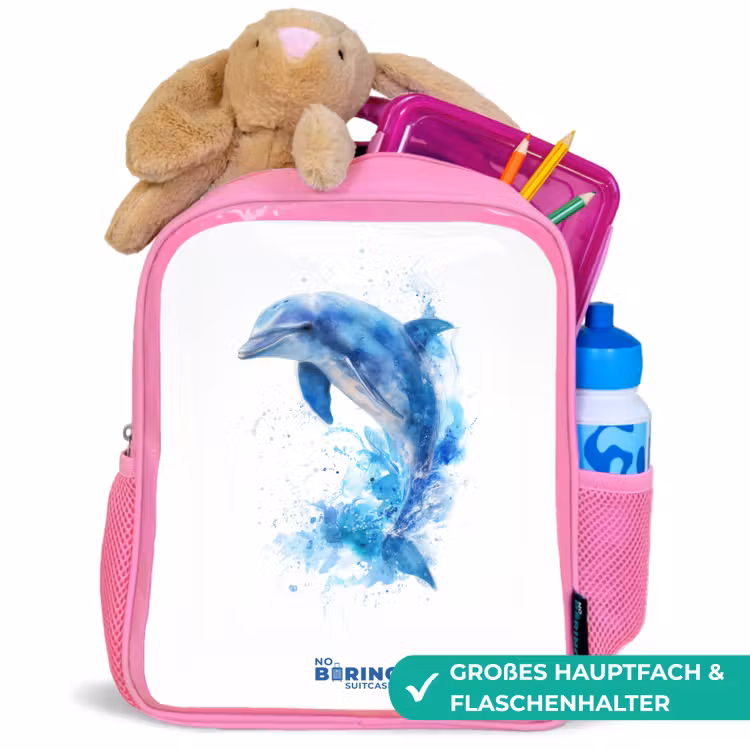 Springende blauwe dolfijn Kinderrugzak - Roze middel -inhoud_DE