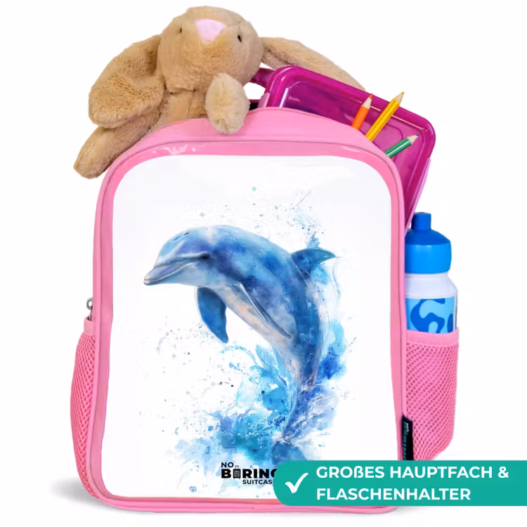 Springende blauwe dolfijn Kinderrugzak - Roze middel -inhoud_DE