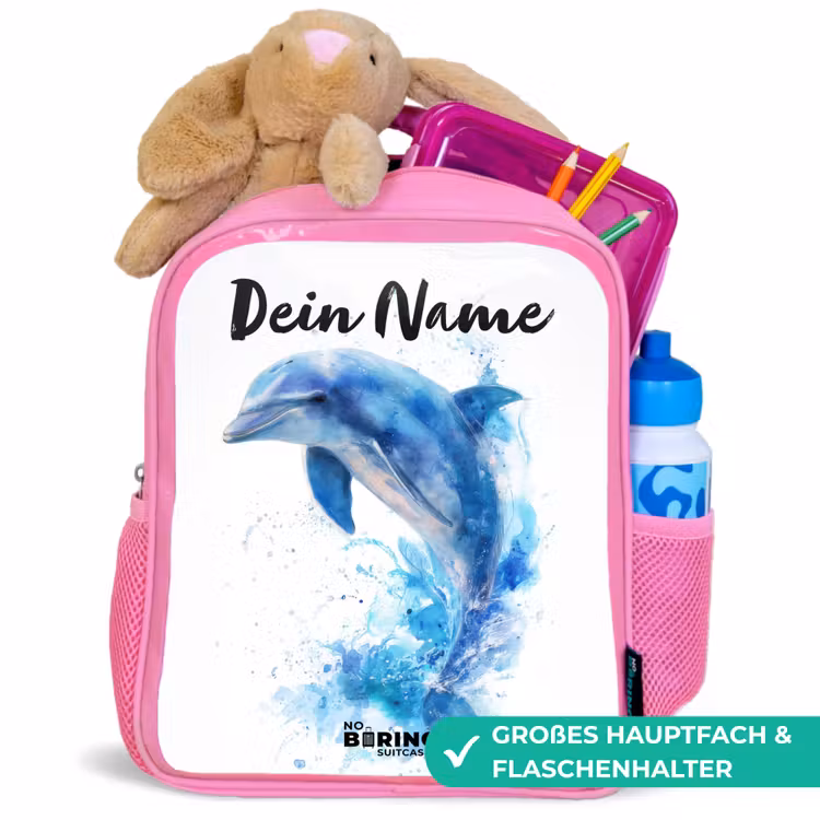 Springende blauwe dolfijn Kinderrugzak - Roze middel -inhoud_DE