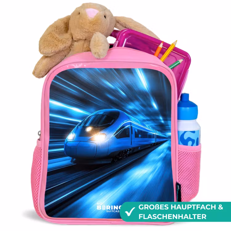 Supersnelle trein in neonblauwe tunnel Kinderrugzak - Roze middel -inhoud_DE