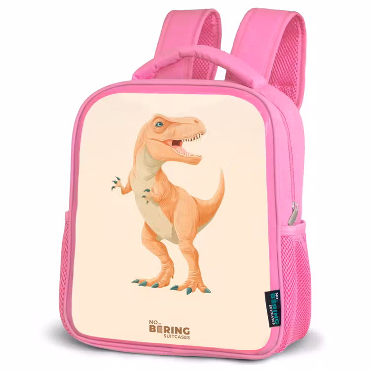T-rex dino in oranje kleuren Kinderrugzak - Roze middel -schuin