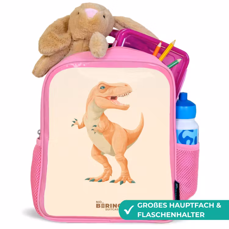 T-rex dino in oranje kleuren Kinderrugzak - Roze middel -inhoud_DE