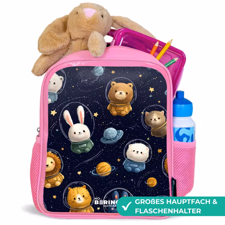 Dieren - Astronaut - Planeten - Sterren Kinderrugzak - Roze middel -inhoud_DE