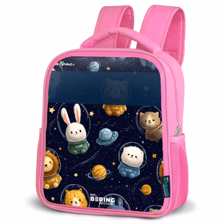 Dieren - Astronaut - Planeten - Sterren Kinderrugzak - Roze middel -schuin