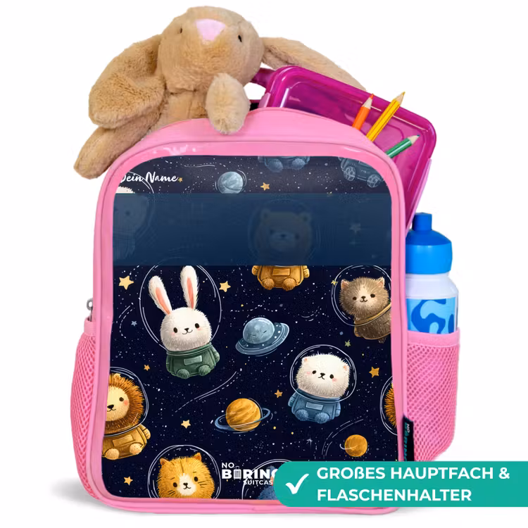 Dieren - Astronaut - Planeten - Sterren Kinderrugzak - Roze middel -inhoud_DE