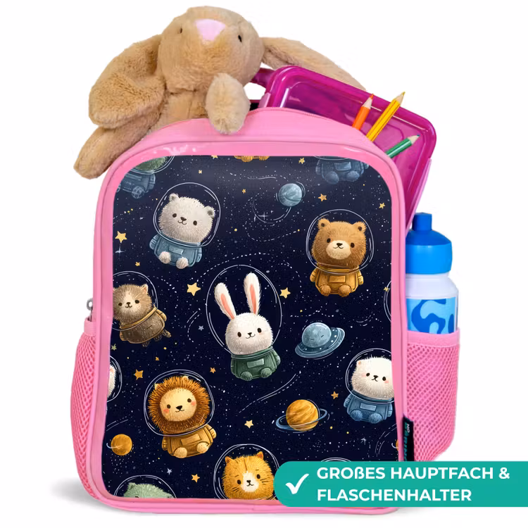 Dieren - Sterrenhemel - Ruimte Kinderrugzak - Roze middel -inhoud_DE